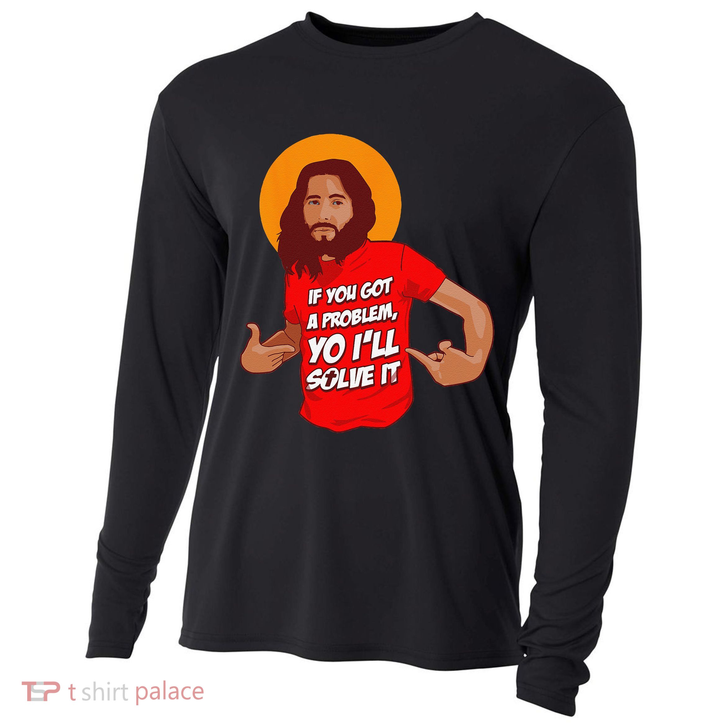 Funny Jesus Christian Meme Yo Ill Solve It Christmas Cooling Performance Long Sleeve Crew