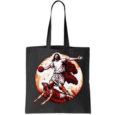 Funny Jesus Crossing Up The Devil Christian Basketball Lover Tote Bag