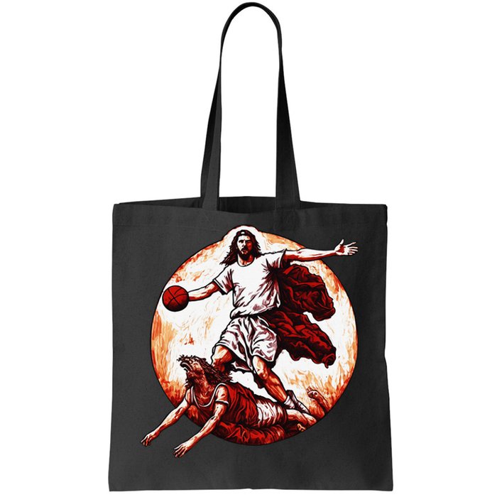 Funny Jesus Crossing Up The Devil Christian Basketball Lover Tote Bag