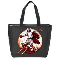 Funny Jesus Crossing Up The Devil Christian Basketball Lover Zip Tote Bag