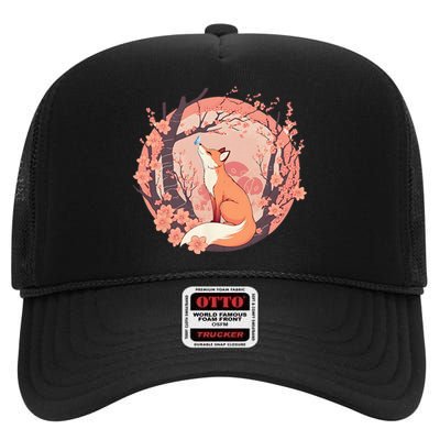 Fox Japanese Cherry Blossom Flower Cute Butterfly Vintage High Crown Mesh Back Trucker Hat