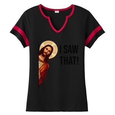 Funny Jesus Christ I Saw That Meme Religious Cool Retro God Ladies Halftime Notch Neck Tee