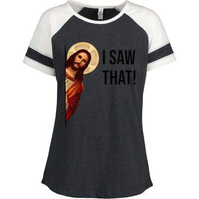 Funny Jesus Christ I Saw That Meme Religious Cool Retro God Enza Ladies Jersey Colorblock Tee