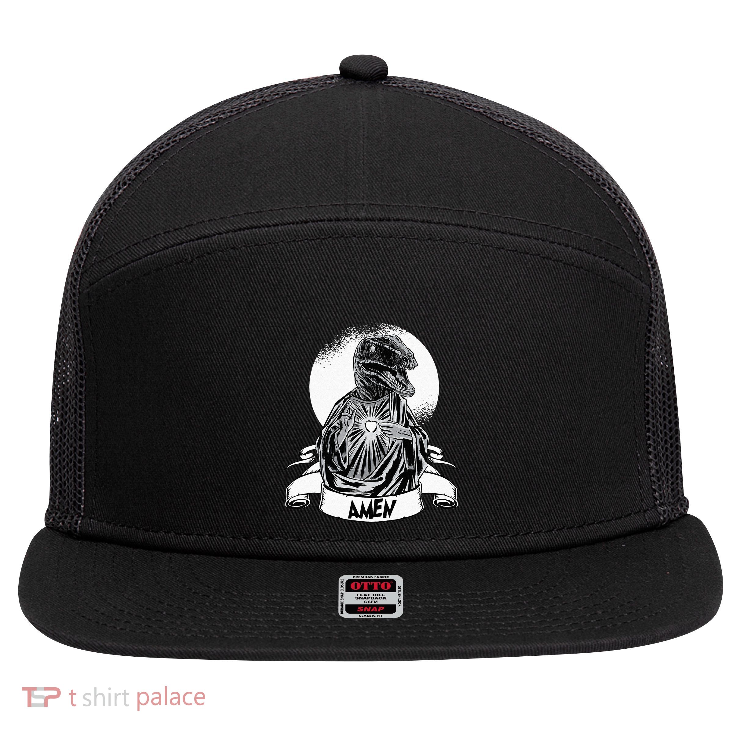 Funny Jesus Christ Parody Raptor Velociraptor Says Amen 7 Panel Mesh Trucker Snapback Hat