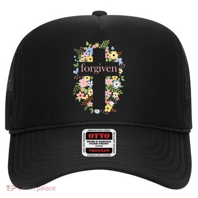 Forgiven Jesus Christ Christian Faith Floral Cross High Crown Mesh Back Trucker Hat
