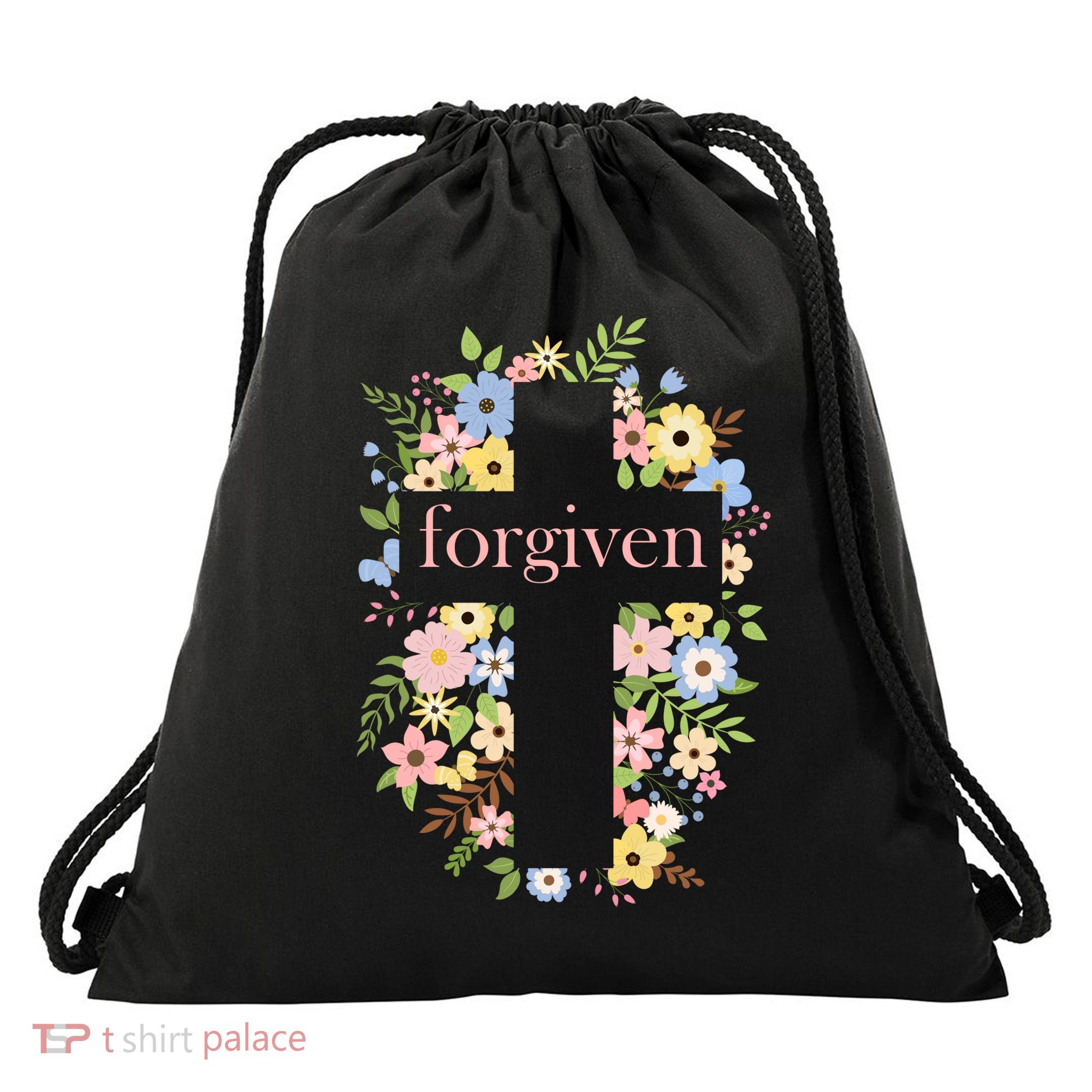 Forgiven Jesus Christ Christian Faith Floral Cross Drawstring Bag