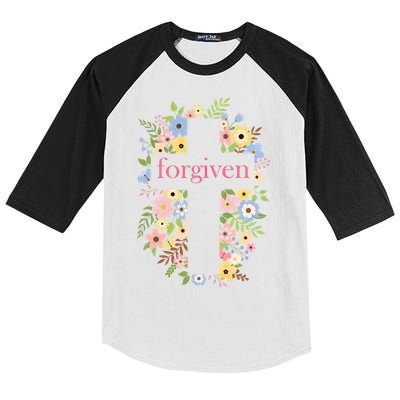 Forgiven Jesus Christ Christian Faith Floral Cross Kids Colorblock Raglan Jersey