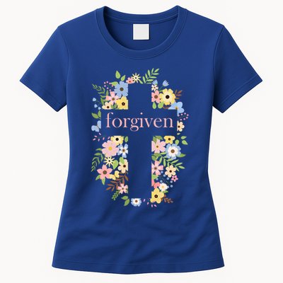 Forgiven Jesus Christ Christian Faith Floral Cross Womens T-Shirt