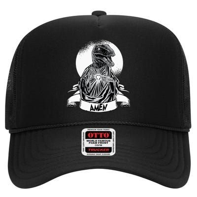 Funny Jesus Christ Parody Raptor Velociraptor Says Amen High Crown Mesh Back Trucker Hat