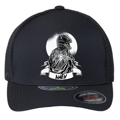 Funny Jesus Christ Parody Raptor Velociraptor Says Amen Flexfit Unipanel Trucker Cap