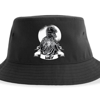 Funny Jesus Christ Parody Raptor Velociraptor Says Amen Sustainable Bucket Hat