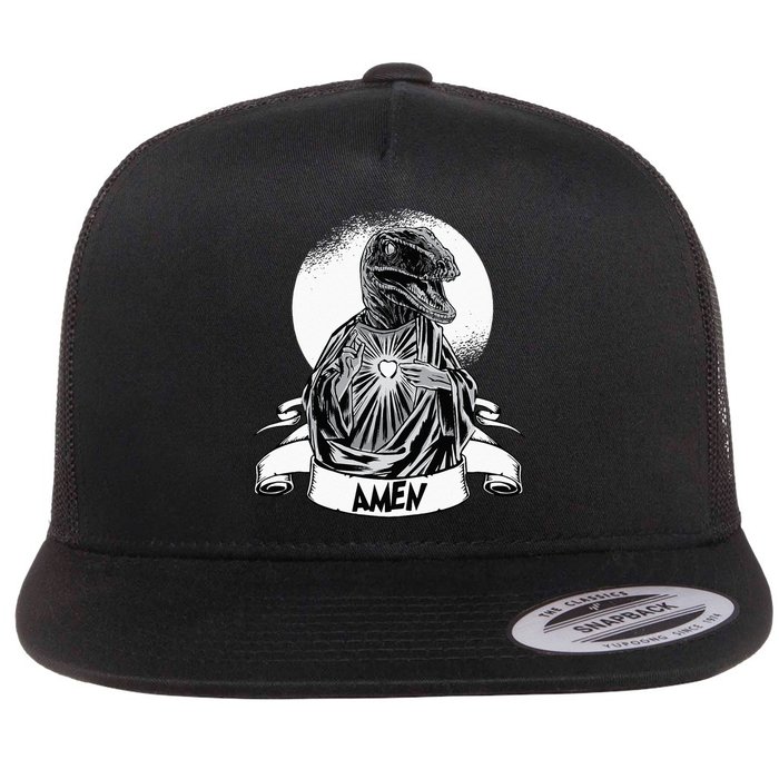 Funny Jesus Christ Parody Raptor Velociraptor Says Amen Flat Bill Trucker Hat