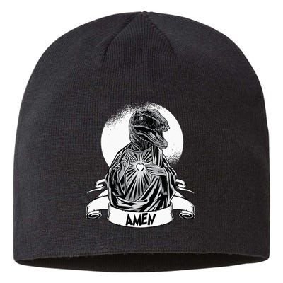 Funny Jesus Christ Parody Raptor Velociraptor Says Amen Sustainable Beanie