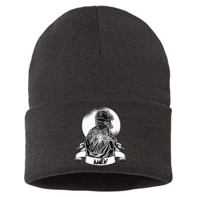 Funny Jesus Christ Parody Raptor Velociraptor Says Amen Sustainable Knit Beanie