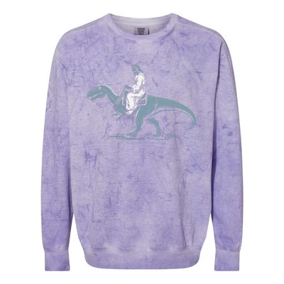 Funny Jesus Christ Saddled Up & Riding On A Trex Dinosaur Colorblast Crewneck Sweatshirt