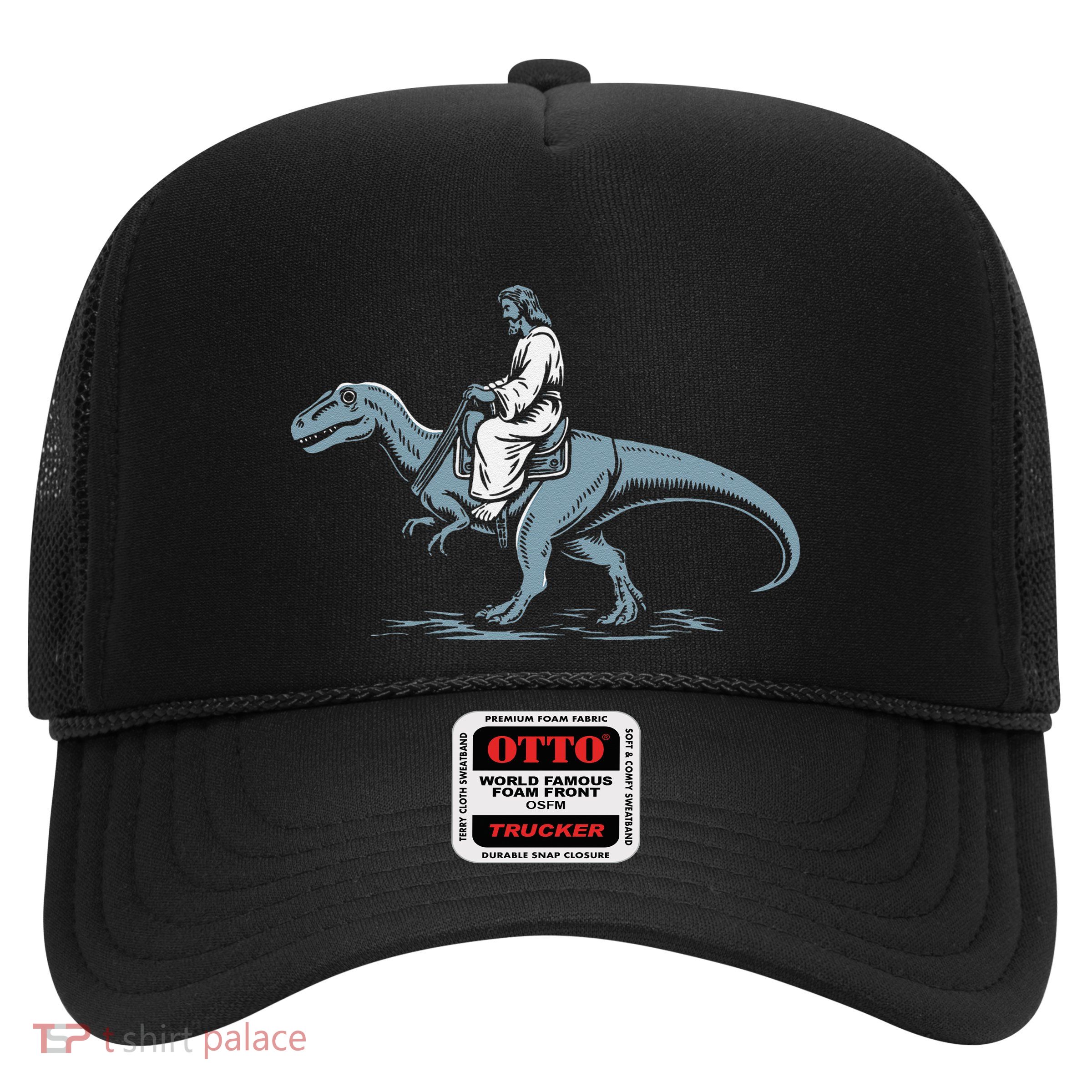 Funny Jesus Christ Saddled Up & Riding On A Trex Dinosaur Trucker Hat