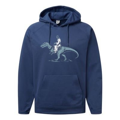 Funny Jesus Christ Saddled Up & Riding On A Trex Dinosaur Performance Fleece Hoodie