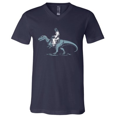 Funny Jesus Christ Saddled Up & Riding On A Trex Dinosaur V-Neck T-Shirt