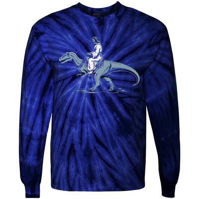 Funny Jesus Christ Saddled Up & Riding On A Trex Dinosaur Tie-Dye Long Sleeve Shirt