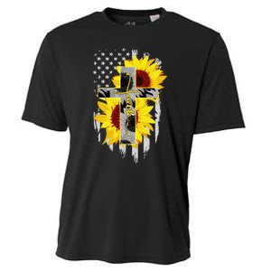 Faith Jesus Cross Sunflower American Flag Cooling Performance Crew T-Shirt