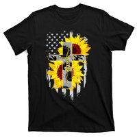 Faith Jesus Cross Sunflower American Flag T-Shirt