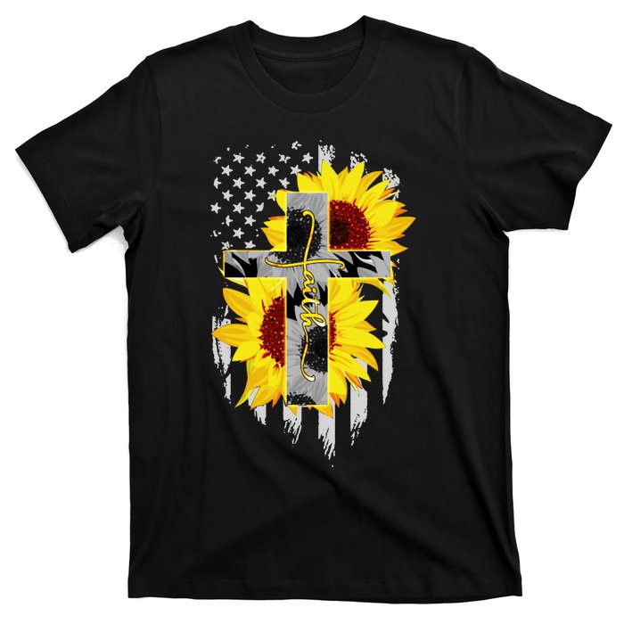 Faith Jesus Cross Sunflower American Flag T-Shirt