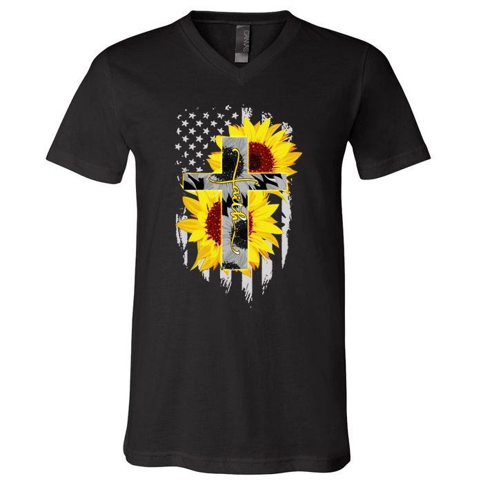 Faith Jesus Cross Sunflower American Flag V-Neck T-Shirt