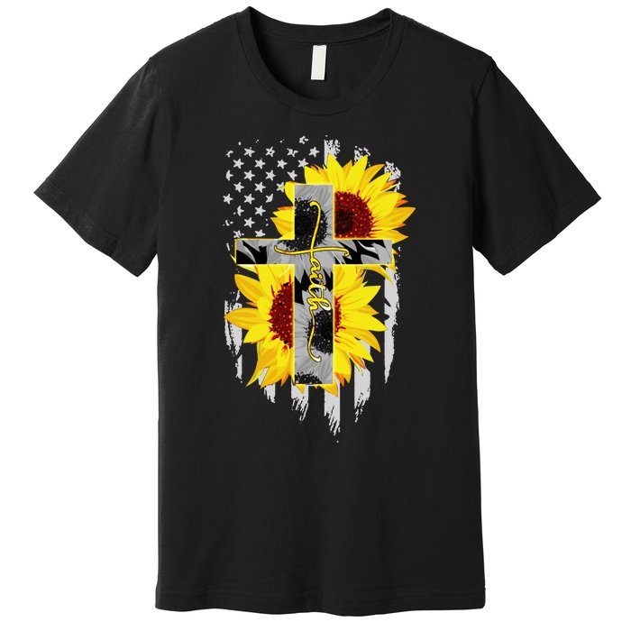 Faith Jesus Cross Sunflower American Flag Premium T-Shirt