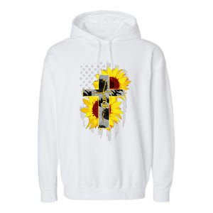 Faith Jesus Cross Sunflower American Flag Garment-Dyed Fleece Hoodie