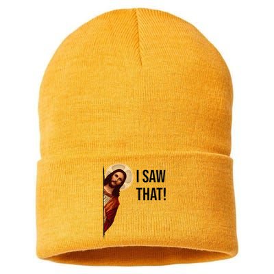 Funny Jesus Christ I Saw That Meme Religious Cool Retro God Sustainable Knit Beanie