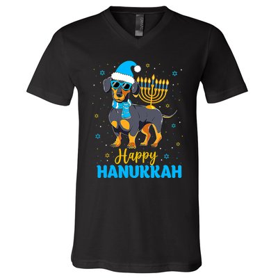 Funny Jewish Dachshund Menorah Happy Hanukkah Chanukah V-Neck T-Shirt