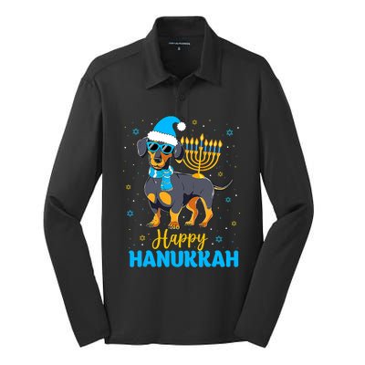 Funny Jewish Dachshund Menorah Happy Hanukkah Chanukah Silk Touch Performance Long Sleeve Polo