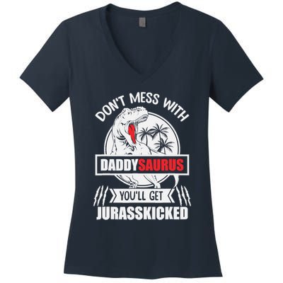 Funny Jurasskicked Daddysaurus Rex Dinosaur Dad Fathers Women's V-Neck T-Shirt