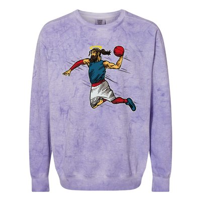 Funny Jesus Dunking Basketball Gift Basketball Player Colorblast Crewneck Sweatshirt