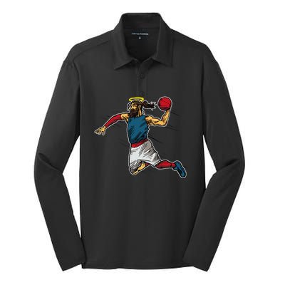 Funny Jesus Dunking Basketball Gift Basketball Player Silk Touch Performance Long Sleeve Polo