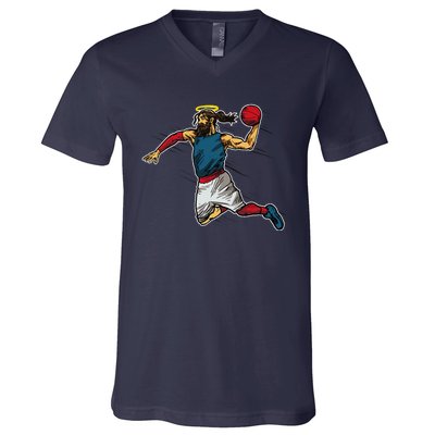 Funny Jesus Dunking Basketball Gift Basketball Player V-Neck T-Shirt