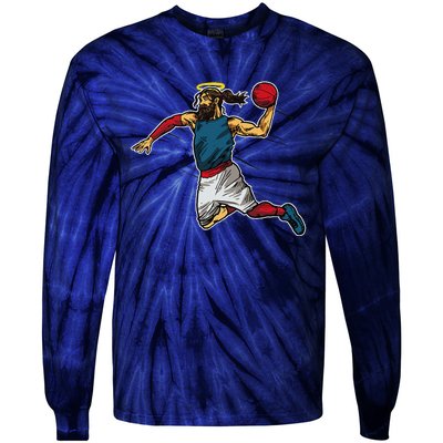 Funny Jesus Dunking Basketball Gift Basketball Player Tie-Dye Long Sleeve Shirt