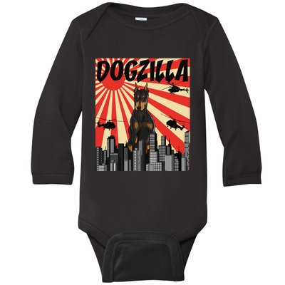 Funny Japanese Dogzilla Doberman Pinscher Baby Long Sleeve Bodysuit