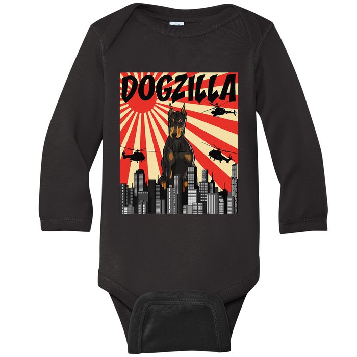 Funny Japanese Dogzilla Doberman Pinscher Baby Long Sleeve Bodysuit