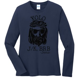 Funny Jesus Easter YOLO JK BRB Texting Premium Ladies Long Sleeve Shirt