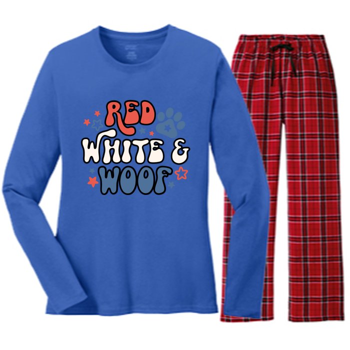 Funny July Fourth Dog Red White Woof Vintage 4th Of July Cool Gift Women's Long Sleeve Flannel Pajama Set 