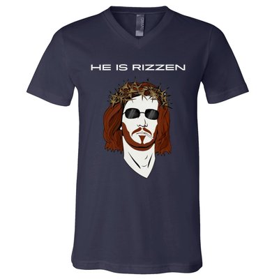 Funny Jesus He Is Rizzen Dark Design V-Neck T-Shirt