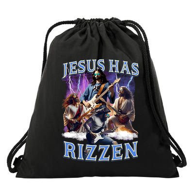 Funny Jesus Has Rizzen Rock Star Drawstring Bag