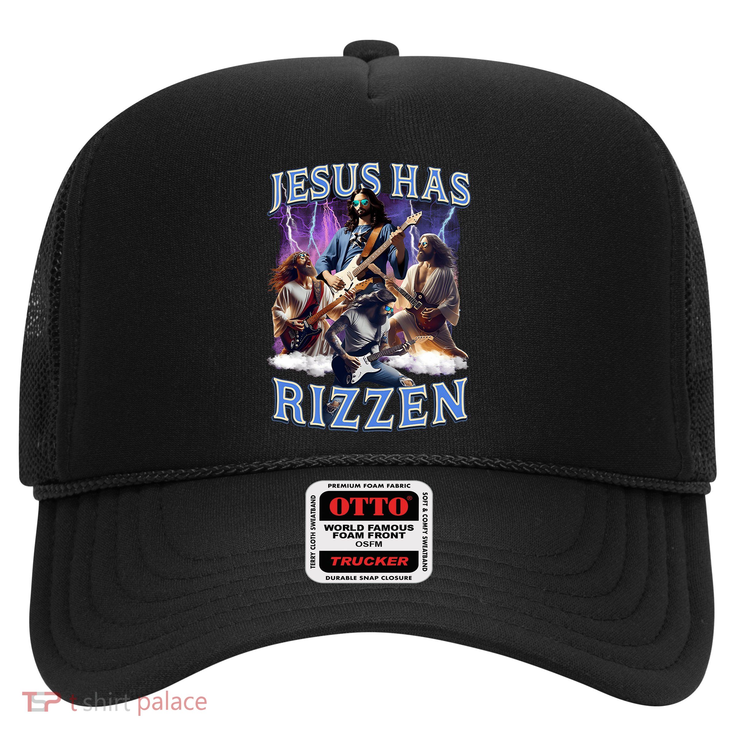 Funny Jesus Has Rizzen Rock Star Trucker Hat