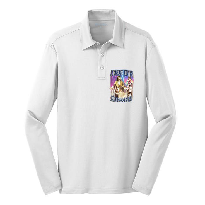 Funny Jesus Has Rizzen Silk Touch Performance Long Sleeve Polo