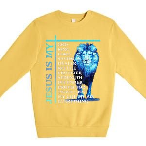 Funny Jesus Is My God King My Lord My Savior Blue Lion Christian Premium Crewneck Sweatshirt