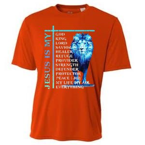 Funny Jesus Is My God King My Lord My Savior Blue Lion Christian Cooling Performance Crew T-Shirt