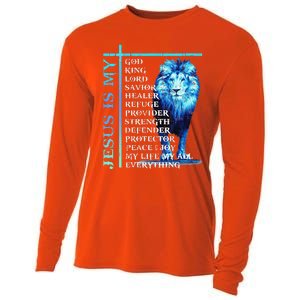 Funny Jesus Is My God King My Lord My Savior Blue Lion Christian Cooling Performance Long Sleeve Crew