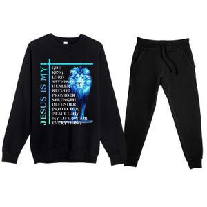 Funny Jesus Is My God King My Lord My Savior Blue Lion Christian Premium Crewneck Sweatsuit Set