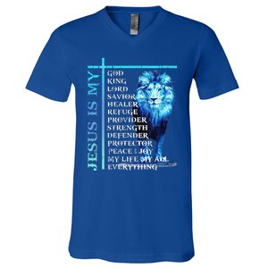 Funny Jesus Is My God King My Lord My Savior Blue Lion Christian V-Neck T-Shirt